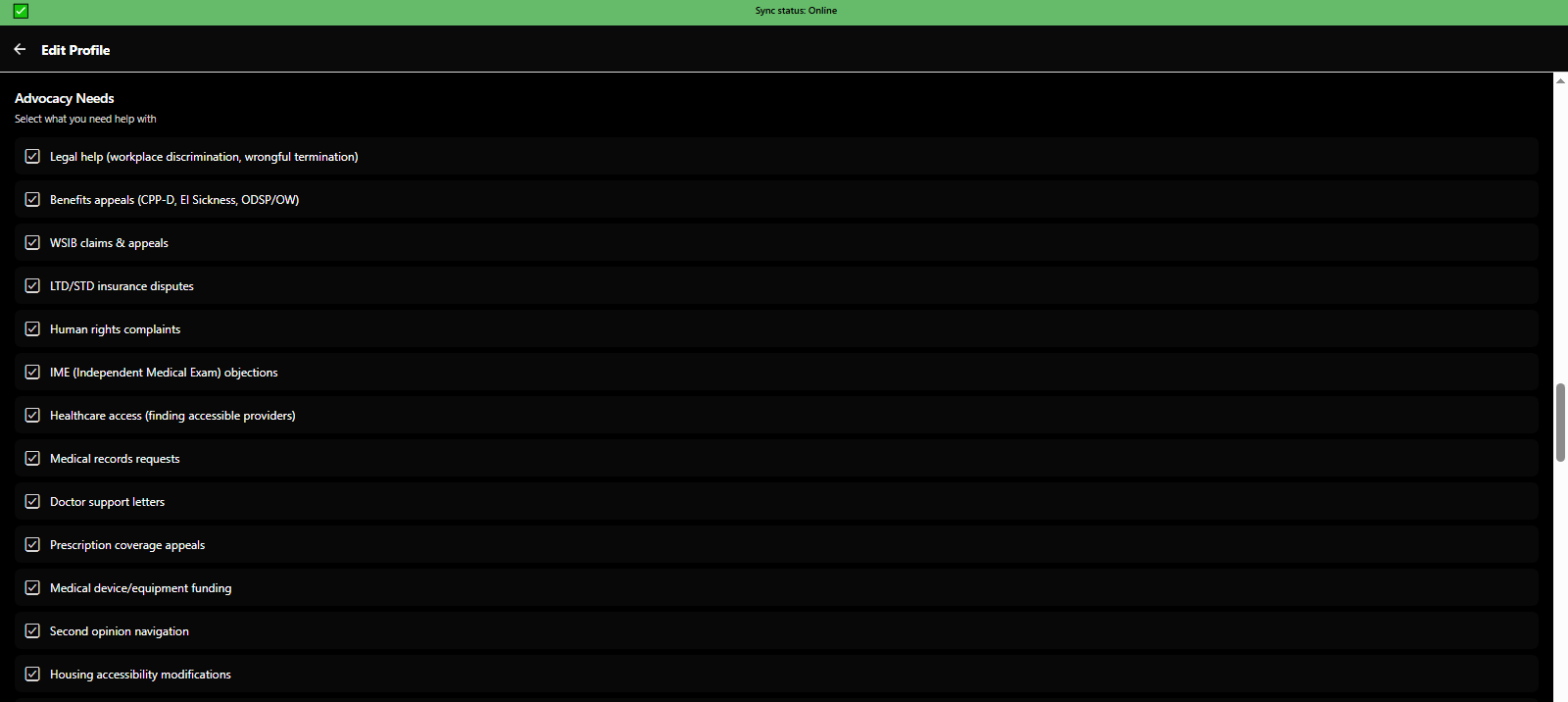 Complete profile: select advocacy needs (benefits, legal, employment, housing) - 3mpwrApp