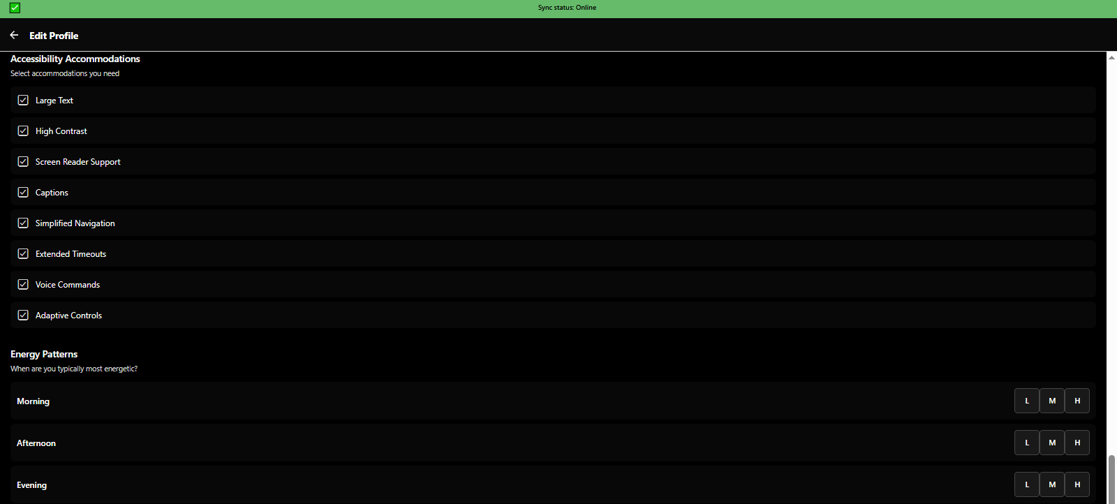 Complete profile: configure accessibility accommodations and energy pattern tracking - 3mpwrApp