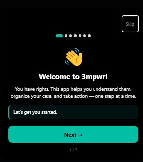 Welcome to 3mpwrApp onboarding tutorial step 1 - getting started guide - disability app