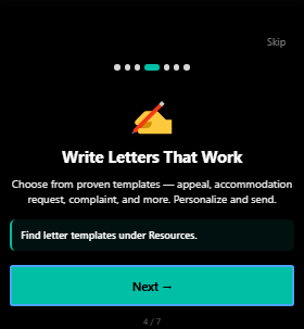 Welcome tutorial step 4 demonstrating evidence management and legal tools - 3mpwrApp