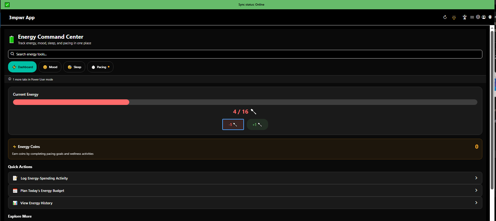 Energy and mood dashboard with AI-enhanced tracking and pattern recognition - spoon theory digital management - 3mpwrApp