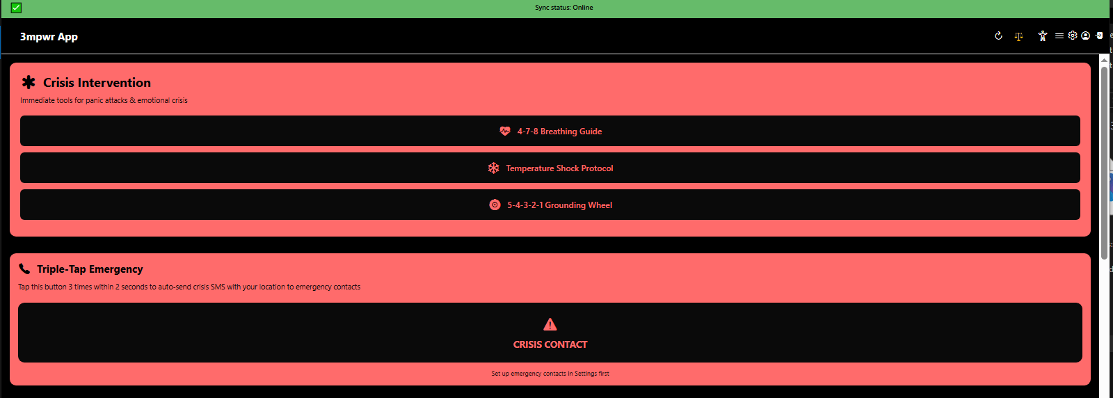 Emotional First Aid crisis intervention with triple-tap emergency contact activation - mental health support - 3mpwrApp