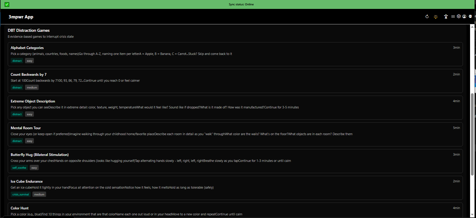 Emotional First Aid DBT distraction games for managing anxiety and panic - dialectical behavior therapy tools - 3mpwrApp